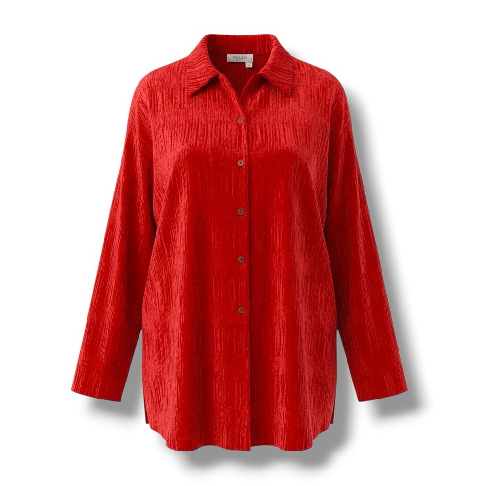 TRU LUXE JEANS Crushed Velvet Button Up Top Red XL